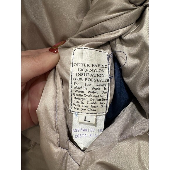 Vintage Long Puffer Coat Navy Blue Tan Reversible Quilted Winter Jacket Size L - Picture 5 of 6